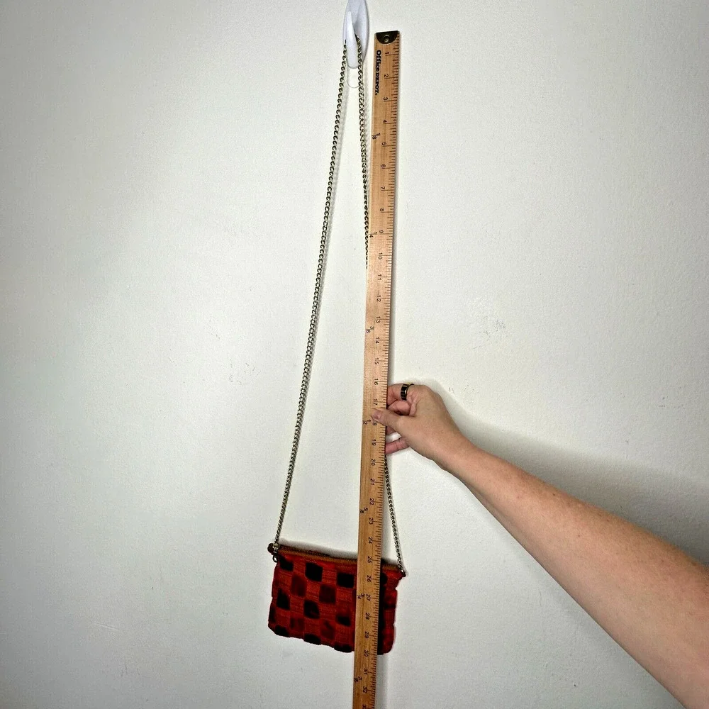 Rust Orange Velvet Checked Gold Chain Strap Zipper Top Slim Mini Purse